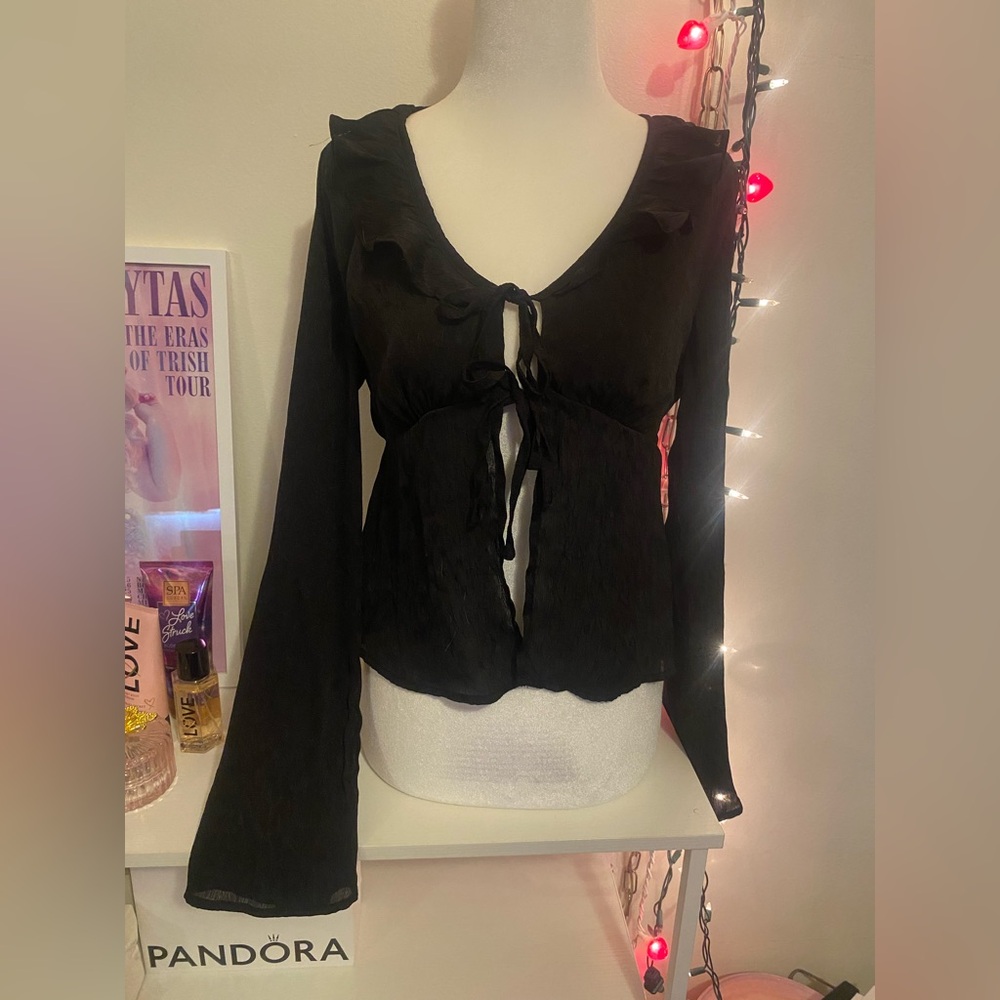 Black Ruffled Tie-Front Blouse Bell Sleeves